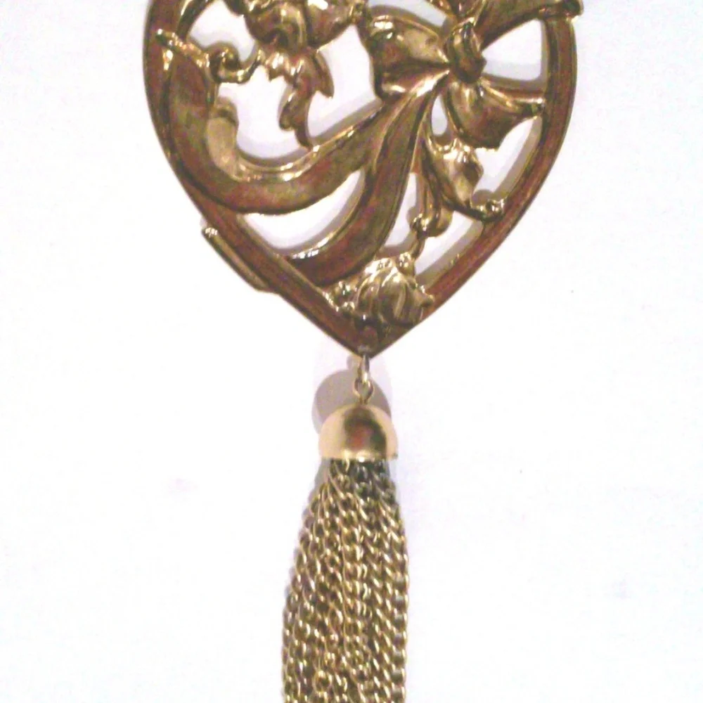 Vintage Art Nouveau Style Heart Tassel Large Brooch Pin